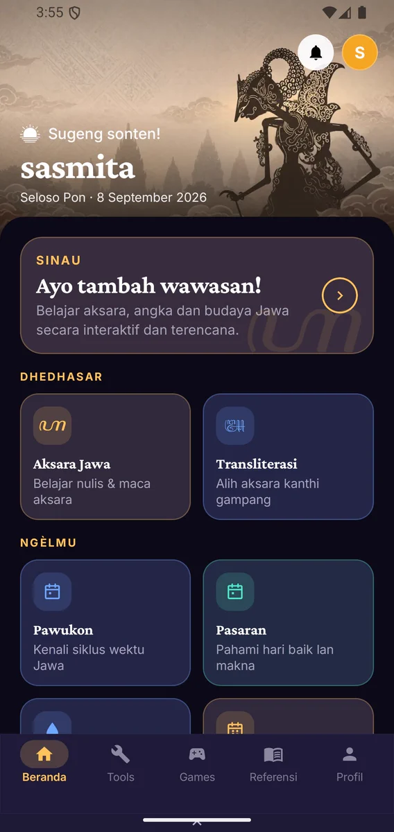 Tampilan aplikasi Sasmita Jawa